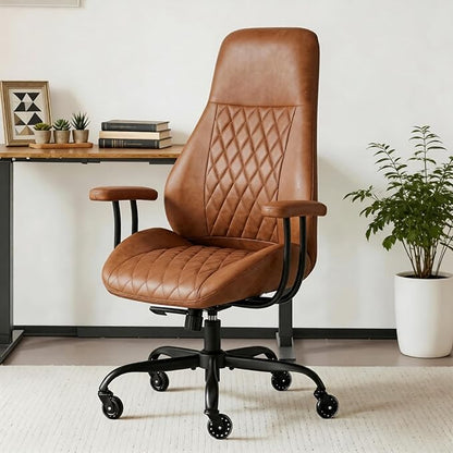 E-Motie Office Chair with Rubber Wheels, Ergonomic Computer Chair 500 lbs, Leather Desk Chair with Lumbar Support, Executive Chair Adjustable Height & Recline, Brown | Ergonomic, Lumbar Support, 360° Swivel & Rolling Wheels, Adjustable Height, for Adul...