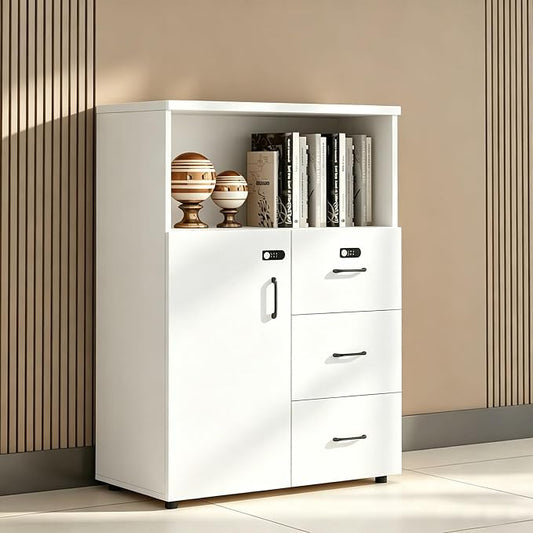 File Cabinet with Password Lock, Wood Lateral Filing Cabinet for Letter/A4 Files, 3 Drawer with Door, Printer Stand with Open Shelves for Home Office