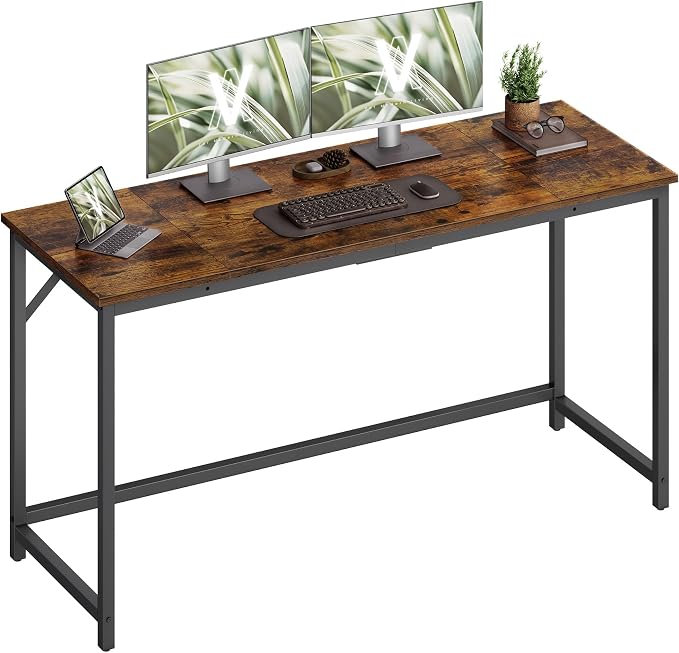 VASAGLE Computer Desk, Office Work Desk, 55.1 x 19.7 x 29.9 Inches, for Study, Bedroom, Home Office, Living Room, Rustic Brown and Ink Black ULWD214K101