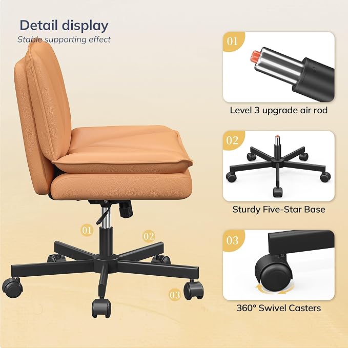 DurayLoly Criss Cross Chair with Wheels, Cross Legged Office Chair with 2 Layer Comfty Leather & Back, Armless Wide Vanity Chair for Home Office, Orange