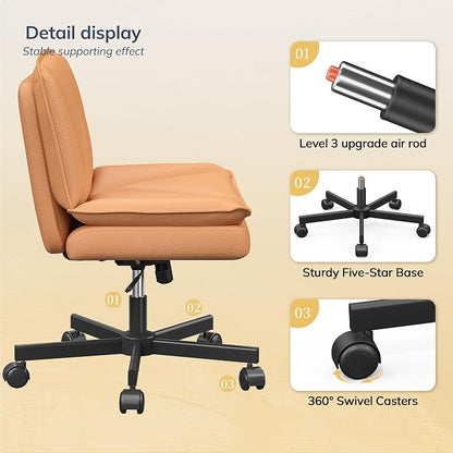 DurayLoly Criss Cross Chair with Wheels, Cross Legged Office Chair with 2 Layer Comfty Leather & Back, Armless Wide Vanity Chair for Home Office, Orange