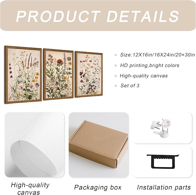 WRFON Botanical and Flower Canvas Wall Art, Framed Wildflower Wall Art Set of 3, Vintage Meadow Flower Canvas Prints, Cottagecore Floral Decor for Living Room Bedroom Bathroom Farmhouse Home, 16x24