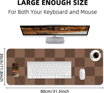 AFIING Brown Checkered Desk Pad 31.5" x 12" | Waterproof PU Leather, Non-Slip Rubber Base, Checkered Design, Office & Home