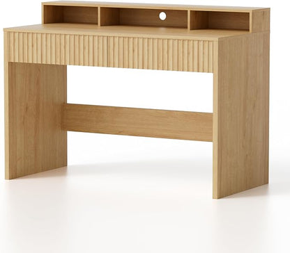 EYYTHUNG 47" Fluted Office Desk with Storage Shelf, Modern Wood Executive Desk with Long Monitor Stand & 2 Drawers, Home Writing Study Computer Table Vanity Desk, Natural Oak