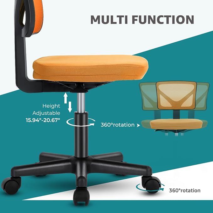 OLIXIS Ergonomic Armless Office Desk Chair with Wheels, Mesh Back, Removable Washable Foam Cushion, Height Adjustable Rolling Swivel Chairs for Small Space, Home, Office, Dark Orange