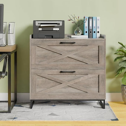 2 Drawer Lateral File Cabinet, Filing Cabinet with Charging Station for Letter/Legal/A4 Size Hanging Files, Modern Farmhouse File Cabinet for Home Office, Printer Stand with Storage, Washed Gray