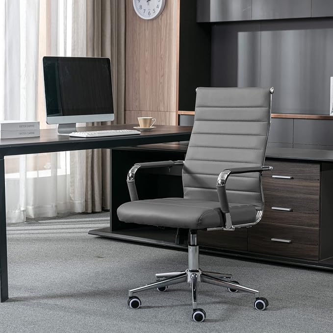 Okeysen Ergonomic Office Desk Chair, Modern PU Leather Conference Room Table Chairs Ribbed, High Back Executive Swivel Rolling Chair for Home, Office (Grey-Ribbed)