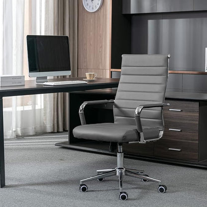 Okeysen Ergonomic Office Desk Chair, Modern PU Leather Conference Room Table Chairs Ribbed, High Back Executive Swivel Rolling Chair for Home, Office (Grey-Ribbed)