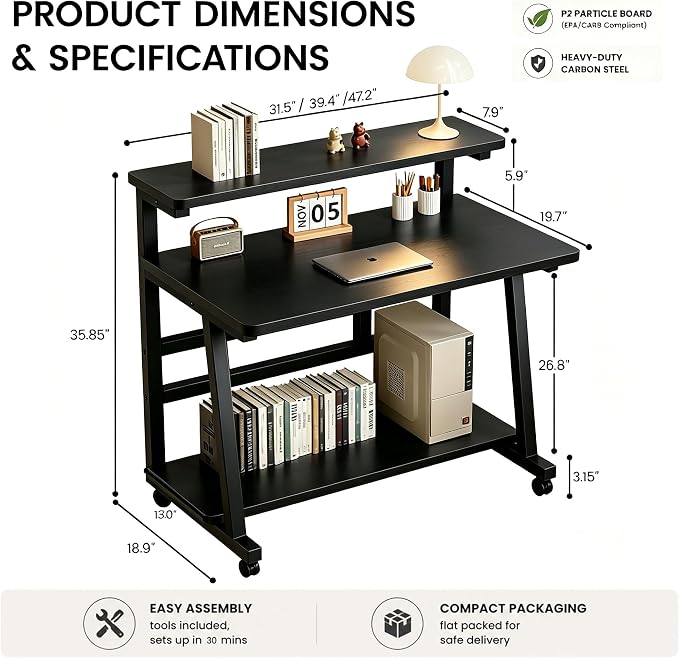 39.4 Inch Compact Rolling Computer Desk with Tier Worktable & Lockable Wheels, Small Computer Desk, Small Desk for Bedroom, Mobile Writing Workstation Easy Assembly for Home Office Small Spaces
