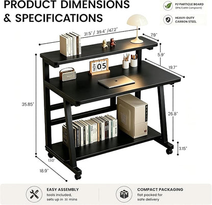 39.4 Inch Compact Rolling Computer Desk with Tier Worktable & Lockable Wheels, Small Computer Desk, Small Desk for Bedroom, Mobile Writing Workstation Easy Assembly for Home Office Small Spaces