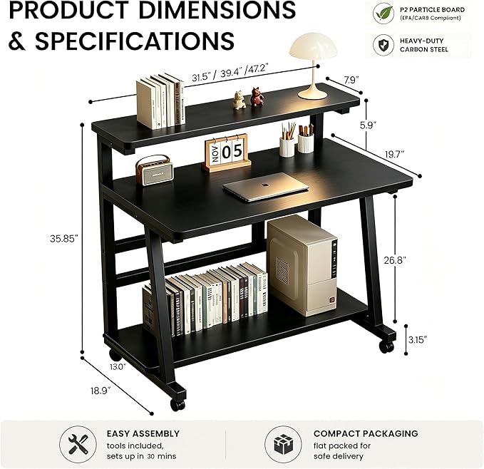 31.5 Inch Compact Rolling Computer Desk with Tier Worktable & Lockable Wheels, Small Computer Desk, Small Desk for Bedroom, Mobile Writing Workstation Easy Assembly for Home Office Small Spaces