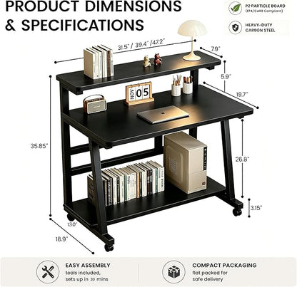 31.5 Inch Compact Rolling Computer Desk with Tier Worktable & Lockable Wheels, Small Computer Desk, Small Desk for Bedroom, Mobile Writing Workstation Easy Assembly for Home Office Small Spaces