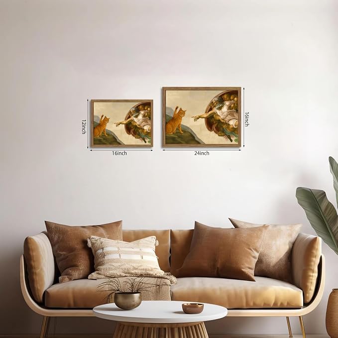 Framed Vintage Cat Canvas Wall Art, Funny Orange Cat Parody Classic Masterpiece Prints, Renaissance-Inspired Animal Artwork, Humorous Wall Decor for Living Room Bedroom Playroom – 12x16 inch