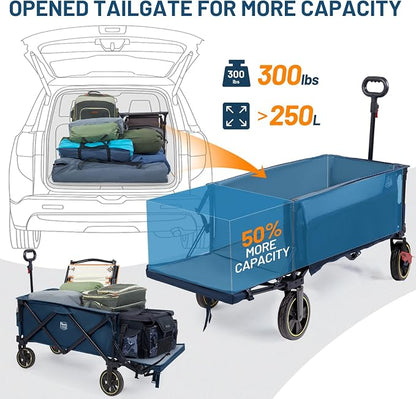 Timber Ridge 49" Collapsible Folding Wagon with Tailgate, 300lbs Heavy Duty Foldable Wagon with Wheels, 250L Capacity Portable Utility Cart for Outdoor Camping, Sports, Dogs, Blue