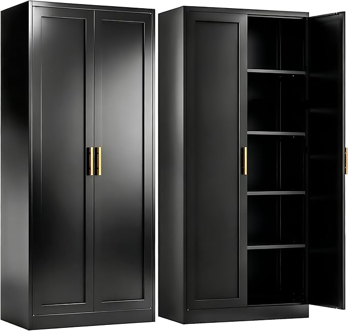 71" H Kitchen Storage Cabinet with 4 Adjustable Shelves, Metal Pantry Cabinet, Pantry Organizers and Storage Cabinet for Kitchen, Bathroom, Living Room (Black)