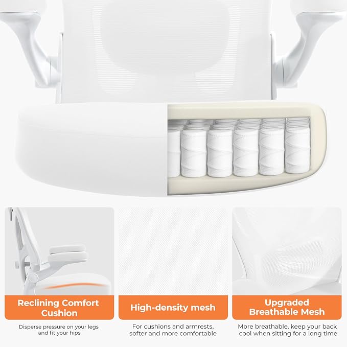 Office Chair Ergonomic Office Chair with Lumbar Support, Head Support, Rocking Function, Flip-up Armrests, Home Office Desk Chair, Suitable for Home, Office, White, 1 Pack