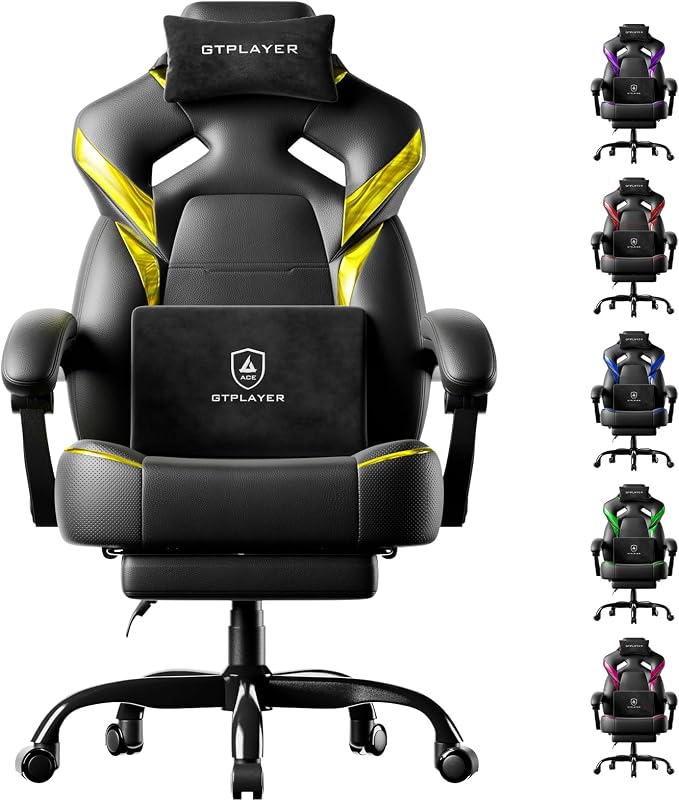 GTPLAYER Big and Tall Gaming Chair for Adults, Ergonomic Office Chair with Footrest, Heavy Duty 350 lbs Capacity, High Back, Premium Leather & Iridescent Trim, ACE-Armor, Yellow (Iridescent)
