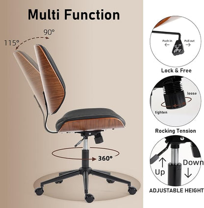 DYHOME Modern Walnut Home Office Chair with Wheels, Executive Office Desk Chair No Arms, Adjustable Height Small Desk Chair, Comfy PU, Deeper Cushion, Mid Back 360 Swivel Computer Chair, Black