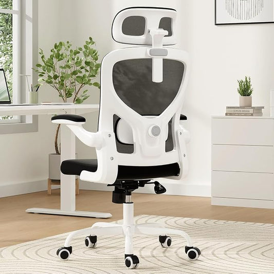 Soohow Office Chair, Ergonomic Office Mesh Desk Chair with Adjustable Back Support, High Back Comfy Computer Swivel Chair with Headrest, Lumbar Support for Study Room, Gaming and Office, White Black