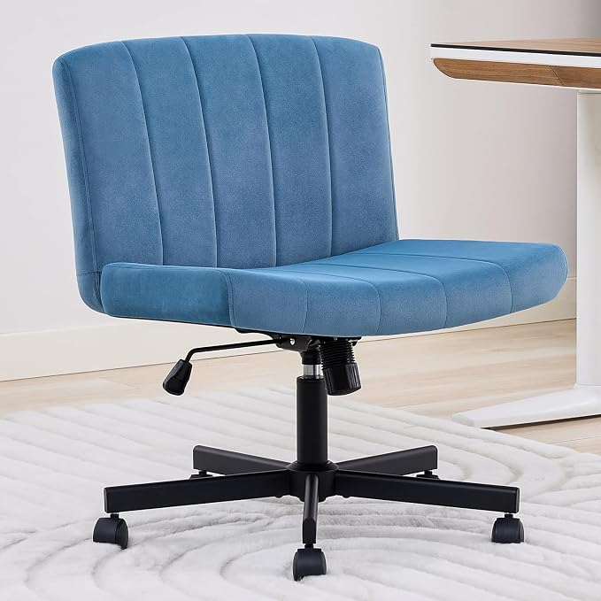 amseatec Criss Cross Chair, Wide Cross Legged Desk Chair with Wheels, Comfy Fabric Vanity Chair for Home Office, Adjustable Armless Swivel Task Chair with 90–115°Tilt（300Lbs/Navy）