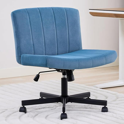amseatec Criss Cross Chair, Wide Cross Legged Desk Chair with Wheels, Comfy Fabric Vanity Chair for Home Office, Adjustable Armless Swivel Task Chair with 90–115°Tilt（300Lbs/Navy）