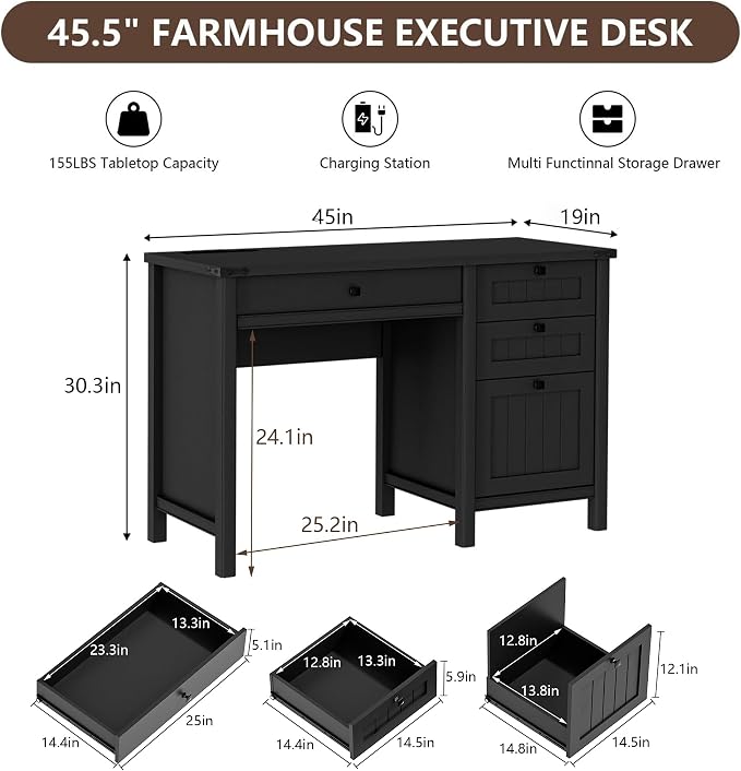Farmhouse Executive Desk 45 inch Computer Desk with 4 Drawers, Smart Charging Station, Home Office & Study Room Essential for Remote Workers, Professionals & Students, Black