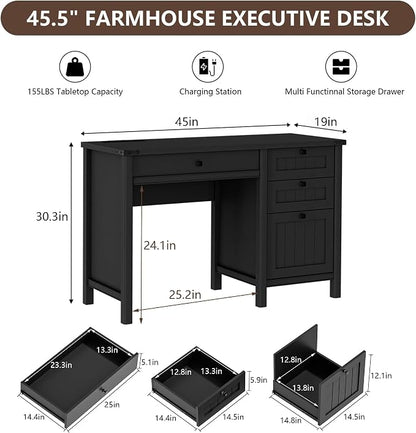 Farmhouse Executive Desk 45 inch Computer Desk with 4 Drawers, Smart Charging Station, Home Office & Study Room Essential for Remote Workers, Professionals & Students, Black