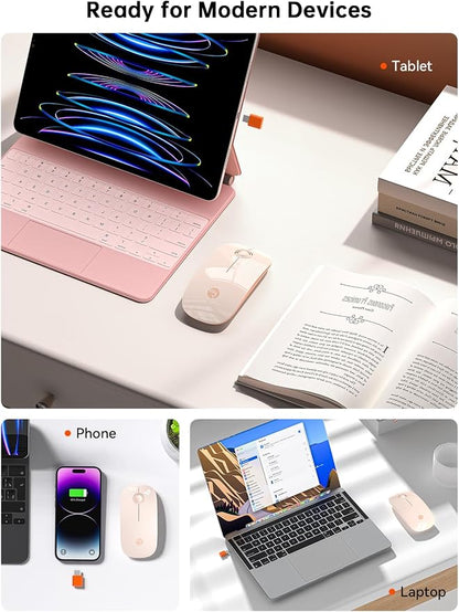 RAPIQUE R306C USB C Wireless Mouse for MacBook, Type-C 2.4GHz Portable Computer Mouse, Silent Click, Ultra-Slim Cordless Mouse, 3-Speed DPI, for USB-C Laptops, iPad, Chromebook, MacOS - Flesh Pink