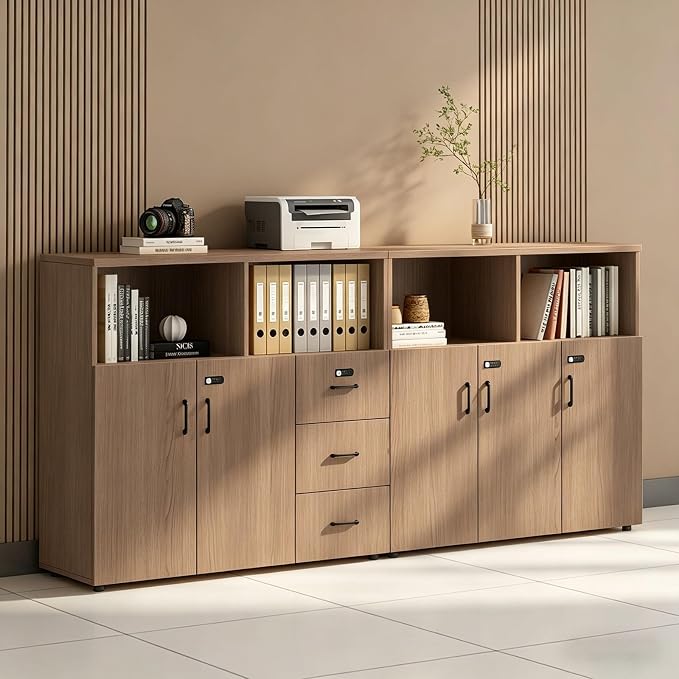 File Cabinet with Password Lock, Wood Lateral Filing Cabinet for Letter/A4 Files, 3 Drawer with Door, Printer Stand with Open Shelves for Home Office