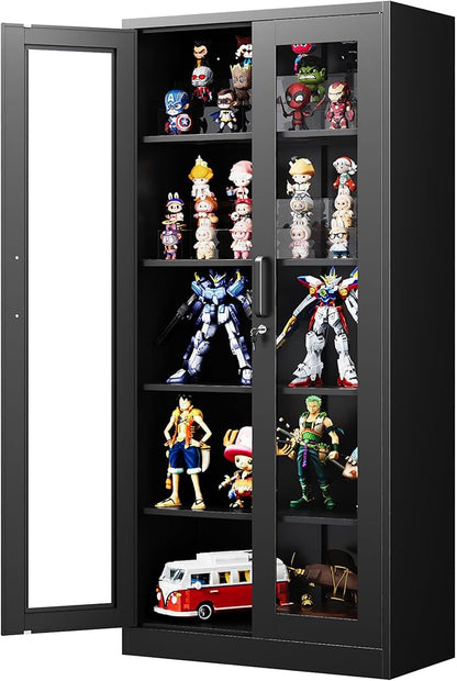 PEUKC Display Cabinet with Glass Doors, 71 Inches Metal Display Case with 4 Adjustable Shelves, Curio Storage Cabinet with Lock for Home, Office, Book, Pantry, Assemble Required (Black)
