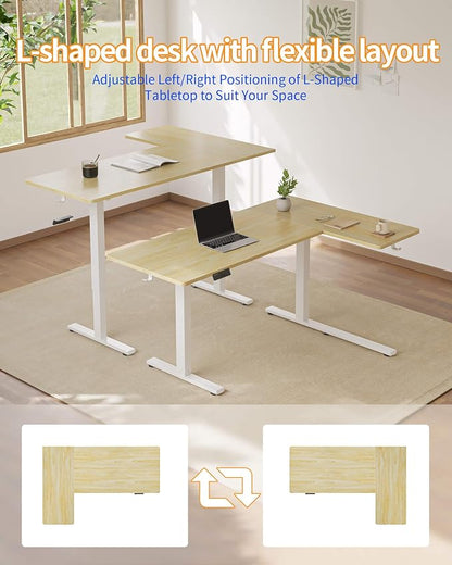 YIHAYO Reversiable L-Shaped Electric Standing Desk, 55 Inches Stand Up Corner Desk, Sit and Stand Up for Work Office Home, Ergonomic Rising Computer Table with Splice Board, Natural