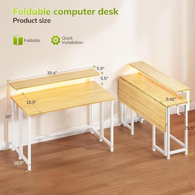 DurayLoly Folding Table with RGB Light for Small Space, 39.4" Folding Computer Desk for Space Saving Sofa Table for Couch, Home Work Office Desk with Monitor Stand, Easy to Fold with Hooks,Oak
