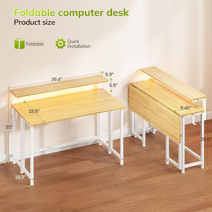 DurayLoly Folding Table with RGB Light for Small Space, 39.4" Folding Computer Desk for Space Saving Sofa Table for Couch, Home Work Office Desk with Monitor Stand, Easy to Fold with Hooks,Oak