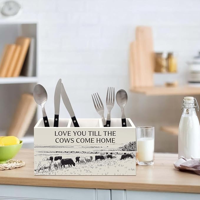 Vintage Western Cow Pen Holder for Desk, Cow Gifts for Women CowLovers Pencil Organizer, Love You Till The Cows Come Home Wooden Pen Holder Desk Accessories Decor for Home Office
