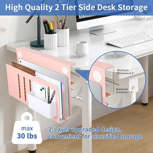 LUKETURE Desk Side Storage, 2 Tier Steel Hanging Organizer, No Drill Side Desk Organizer, Laptop Holder, with Pen Holder, Hanging Table Storage for Office Home, Fits Flat Edge Tables 0.3" to 2.8" | Sturdy Steel Double Tier Strong, Magnetic Pen Holder, ...
