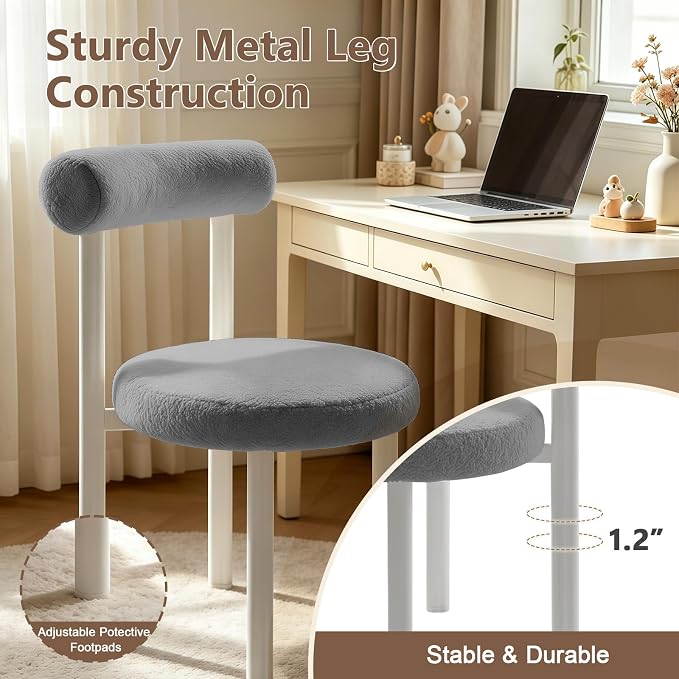 Cute Small Armless Desk Chair, Ergonomic Comfy Vanity Chairs Lumbar Support with Back for Makeup, Teddy Fabric Computer Desk Chair for Home, Bedroom, Vanity, Teens, Adults