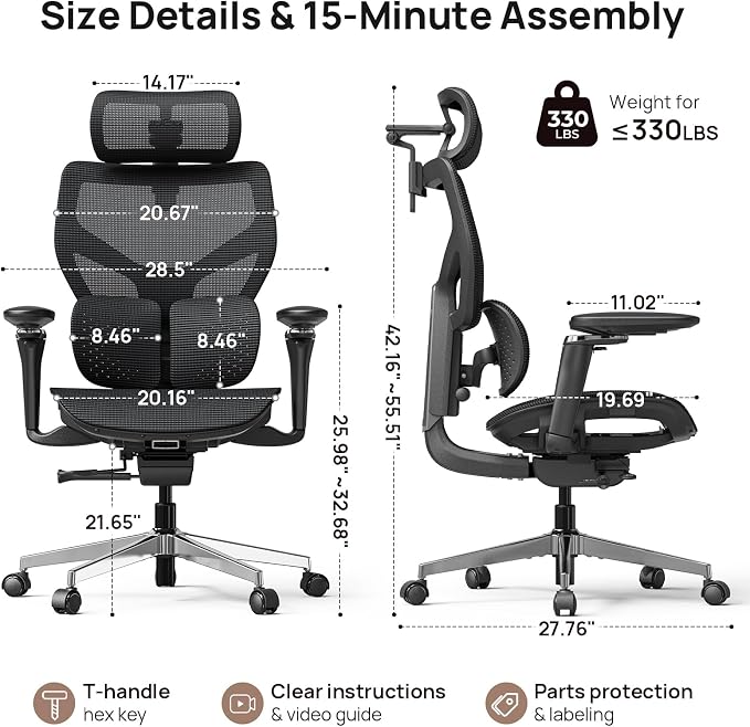 Ergonomic Office Chair with Adaptive Dual-Wing Lumbar Support - Over 10 Hours Sitting Comfortable Mesh Big and Tall Home Desk Chair, 4D Headrest, 630° Armrst, Seat Depth Adjustable