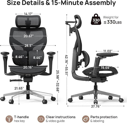 Ergonomic Office Chair with Adaptive Dual-Wing Lumbar Support - Over 10 Hours Sitting Comfortable Mesh Big and Tall Home Desk Chair, 4D Headrest, 630° Armrst, Seat Depth Adjustable