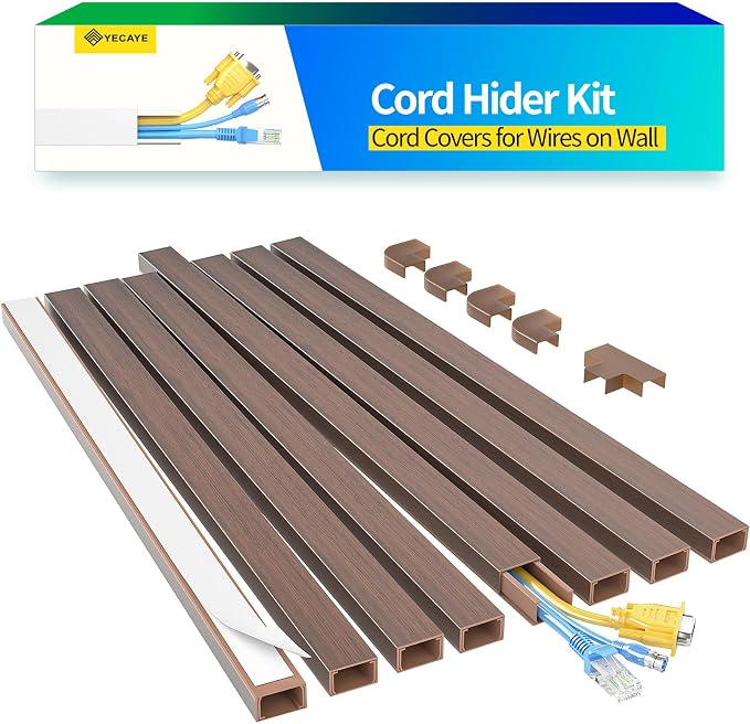 Yecaye Cord Hider, 113in Medium Cord Covers for Wires on Wall, Cord Organizer for 2-3 Wires, Easy Install Cable Management Kit, TV Cable Hider for Home Office, W0.95in H0.55in, Cherry