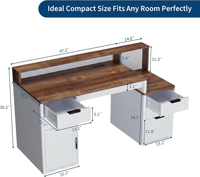 IDEALHOUSE Rectangular Computer Desk with Hutch & Printer Stand, Ripple Door Storage Home Office Desk, Space-Saving Study Writing Desk for Bedroom, Sturdy Board Student Desk with Easy Assembly