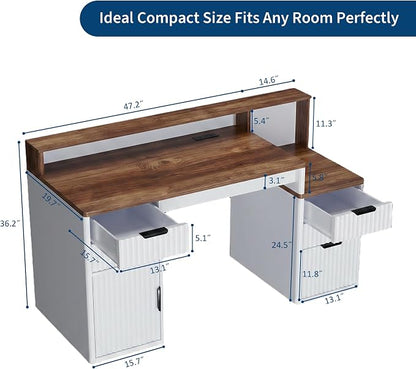 IDEALHOUSE Rectangular Computer Desk with Hutch & Printer Stand, Ripple Door Storage Home Office Desk, Space-Saving Study Writing Desk for Bedroom, Sturdy Board Student Desk with Easy Assembly