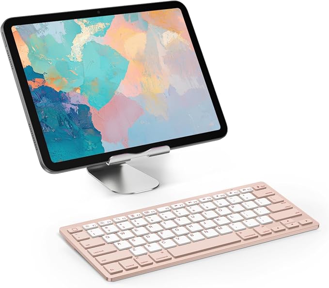 OMOTON Ultra-Slim Bluetooth Keyboard for iPad 11th/10th/9th/8th/7th, iPad Pro/Air/Mini and iPhone Series, Wireless iOS Keyboard with 12 Multimedia Keys for Office, Travel, School, Pink & Pearl White