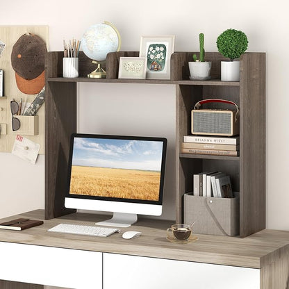 LDAILY Desktop Shelf, Multipurpose Wood Desk Hutch for Max 27" Computer Monitor, Countertop Storage Hutch with 5 Shelves, 3 Tier Desktop Display Rack for Dorm Office Home (Grey Oak)