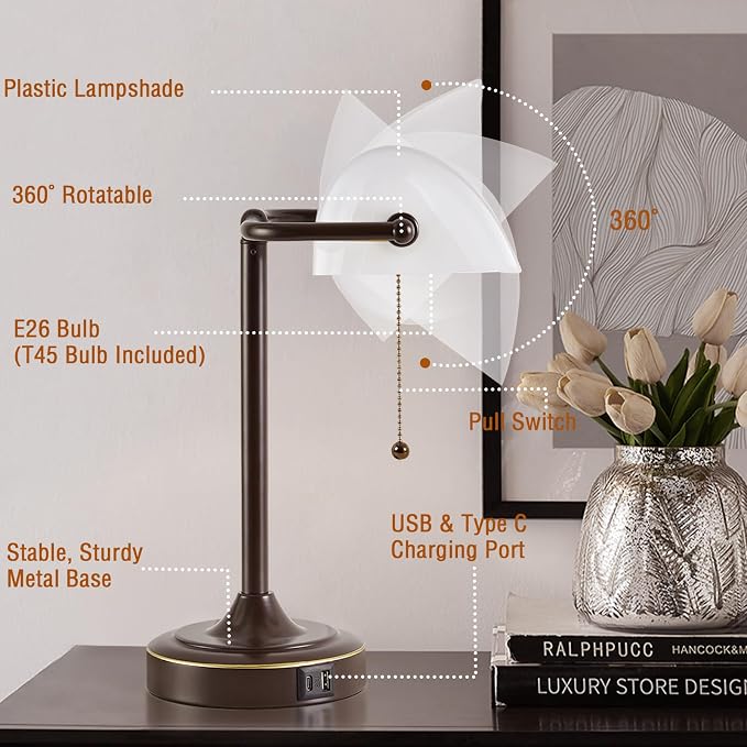 Vintage Desk Lamp Bankers Lamp - Plastic Lampshade Brown Retro Table Lamp with USB & Type C Charging Ports Traditional Library Lamp for Home Office Bedroom Nightstand Side Table Lamp(Bulb Included)