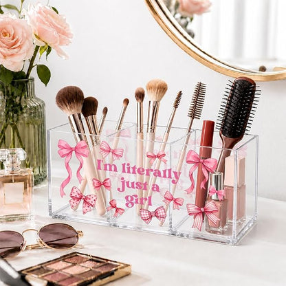 Just a Girl Acrylic Pen Holder, 3 Slot Pink Bow Desk Organizer | Cute pink bow acrylic organizer with 3 clear slots, keeps makeup, pens and remotes tidy; a sweet desk gift for teen girls.