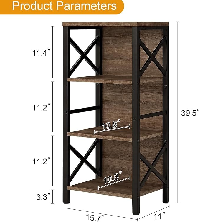 MNEETRUNG Small Bookshelf,4 Tier Industrial Bookcase with Metal Frame and Backboard,Narrow Rustic Brown Book Shelf,Book case for Small Spaces,Living Room,Bedroom and Home Office