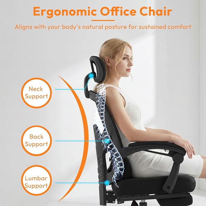 Desk Chair with Foot Rest, High-Back Mesh Office Chair with Wheels, Reclining Gaming Chair with Headrest and Adjustable Lumbar Support, 90°-130° Reclining, for Home Office and Gaming, Black