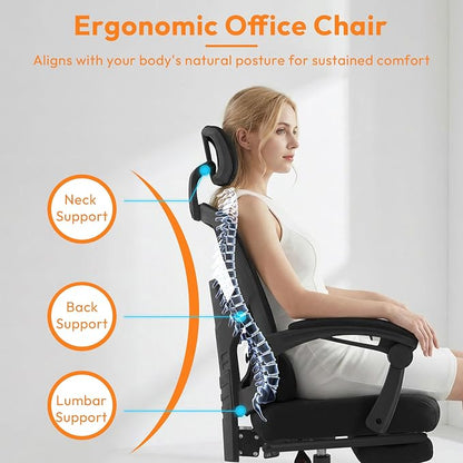 Desk Chair with Foot Rest, High-Back Mesh Office Chair with Wheels, Reclining Gaming Chair with Headrest and Adjustable Lumbar Support, 90°-130° Reclining, for Home Office and Gaming, Black