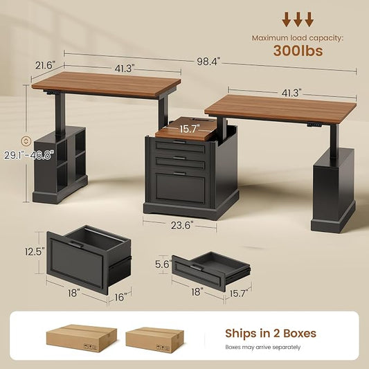 SEDETA Standing Two Person Desk, 98.4'' Farmhouse Long Computer Desk with 3 Drawers, Storage Cabinet, Electric Height Adjustable 2 Person Desk with Power Outlets for Home Office, Black+Brown