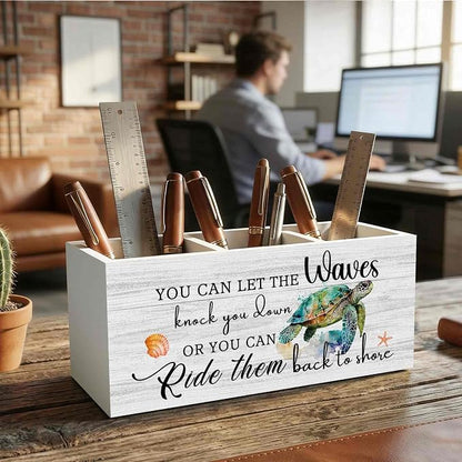 Motivational Sea Turtle Pencil Pen Holder for Desk Organizer, Motivational Gifts, Coastal Beach Sea Turtle Wooden Box Decorations for Home Office Bedroom Desk Tabletop Decor